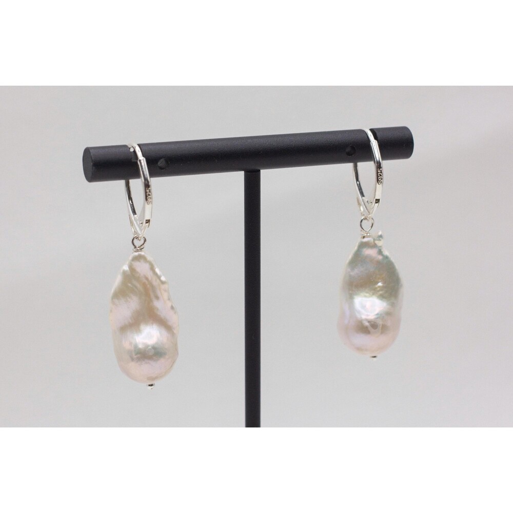 Sterling Silver Baroque Pearl Drop Earrings | Iridescent White, Handmade